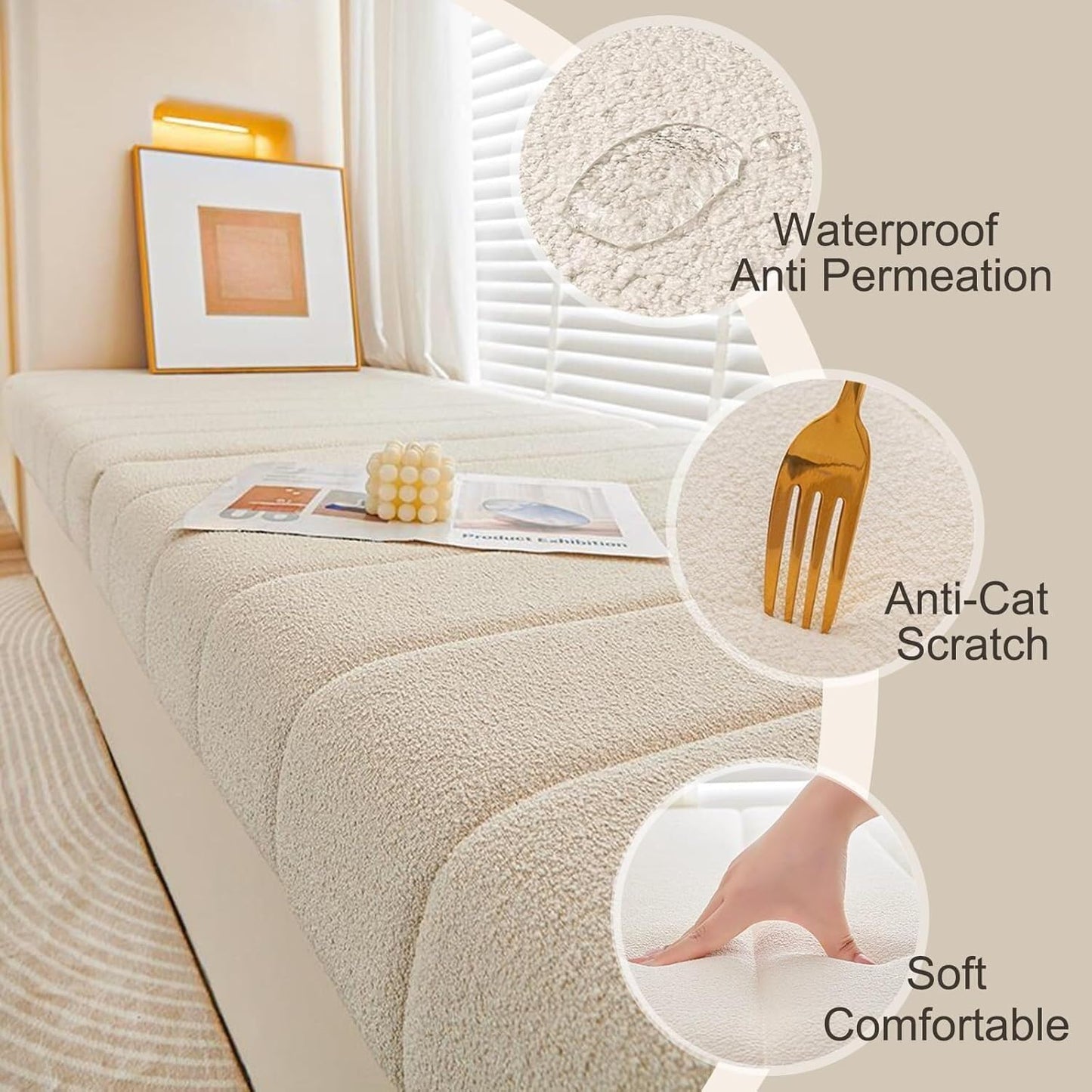 LUXUCURE Custom Bay Window Seat Cushion and Bench Cushions for Indoor Furniture, Piano Bench, Storage Bench, Removable Cover - Anti-Cat Scratch, Splash-Proof, Non Slip Bottom, Thickness 1.8 Inches