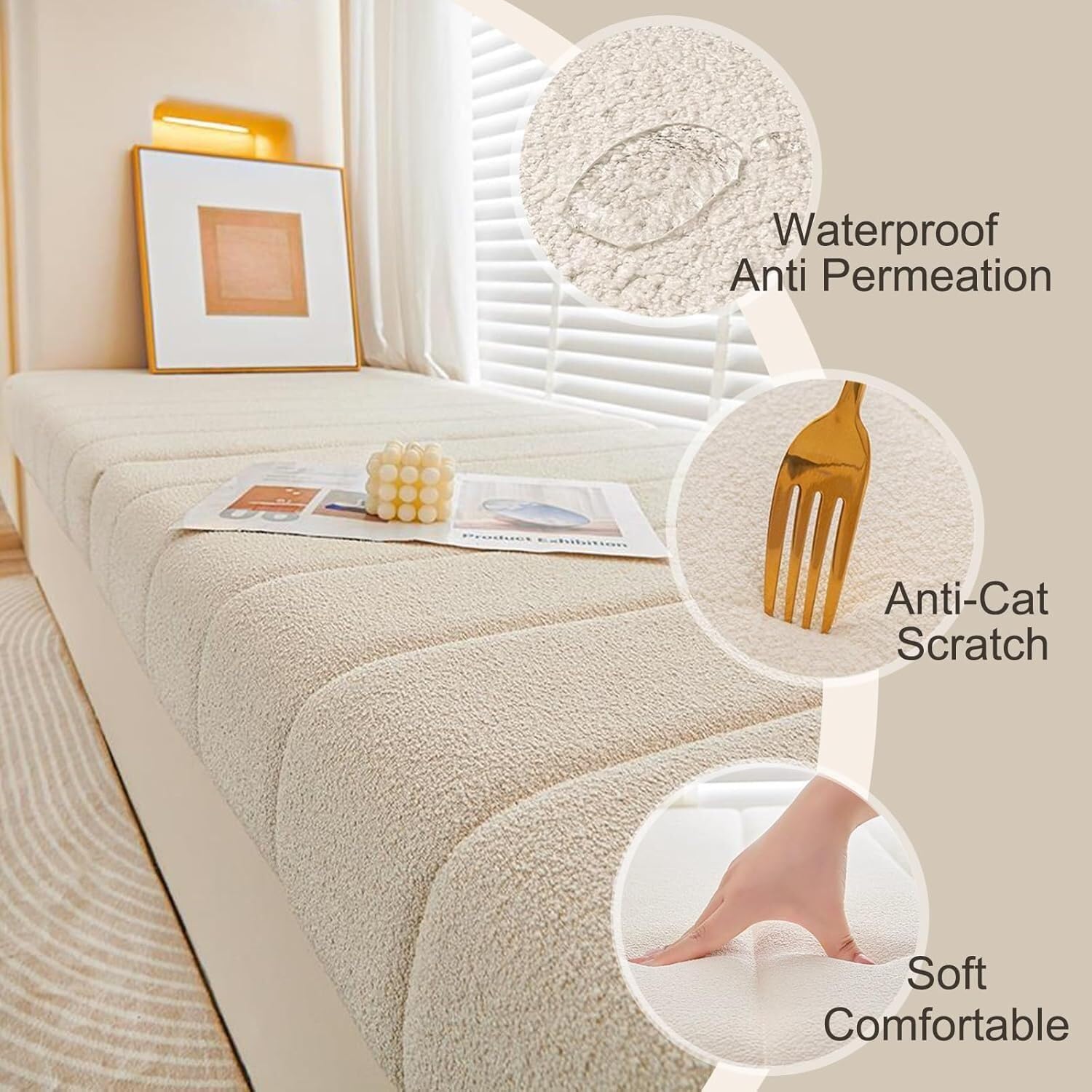 LUXUCURE Custom Bay Window Seat Cushion and Bench Cushions for Indoor Furniture, Piano Bench, Storage Bench, Removable Cover - Anti-Cat Scratch, Splash-Proof, Non Slip Bottom, Thickness 1.8 Inches