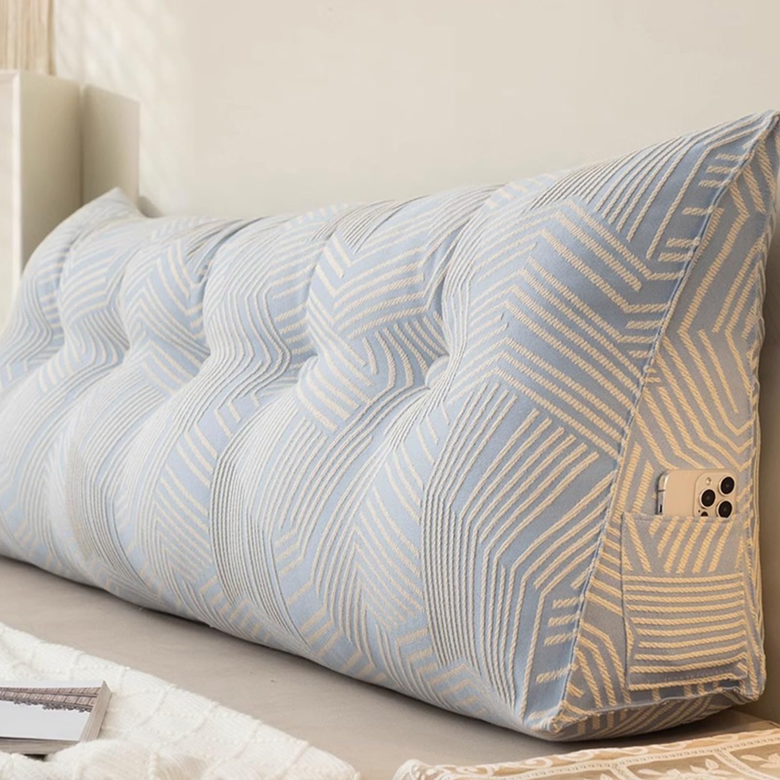 Triangular Headboard Pillow Backrest Cushion,Large Wedge Back Lumber Support Backrest Positioning Cushion with Pocket, Daybed Sofa Tatami Bolster Washable Daybed Triangle Bolster Cushion (Color : Blu