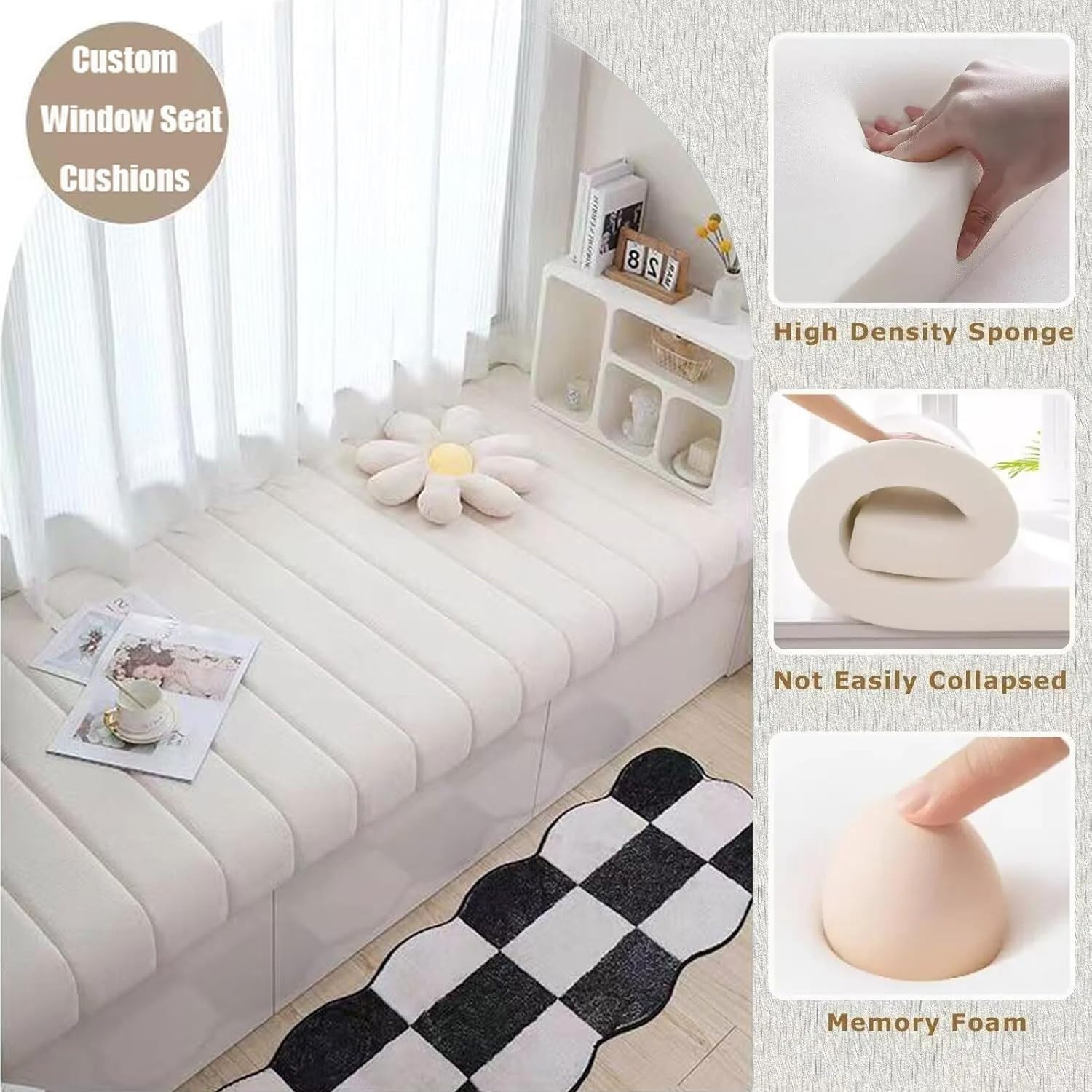 LUXUCURE Custom Bay Window Seat Cushion and Bench Cushions for Indoor Furniture, Piano Bench, Storage Bench, Removable Cover - Anti-Cat Scratch, Splash-Proof, Non Slip Bottom, Thickness 1.8 Inches