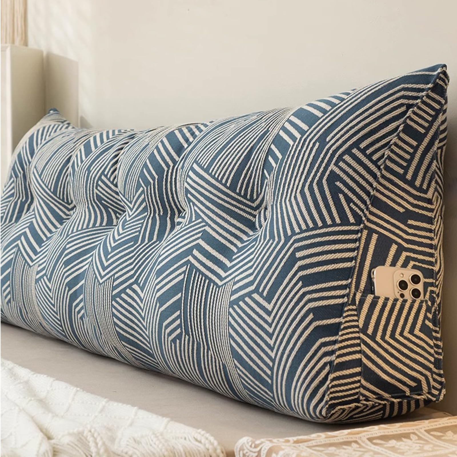 Triangular Headboard Pillow Backrest Cushion,Large Wedge Back Lumber Support Backrest Positioning Cushion with Pocket, Daybed Sofa Tatami Bolster Washable Daybed Triangle Bolster Cushion (Color : Blu