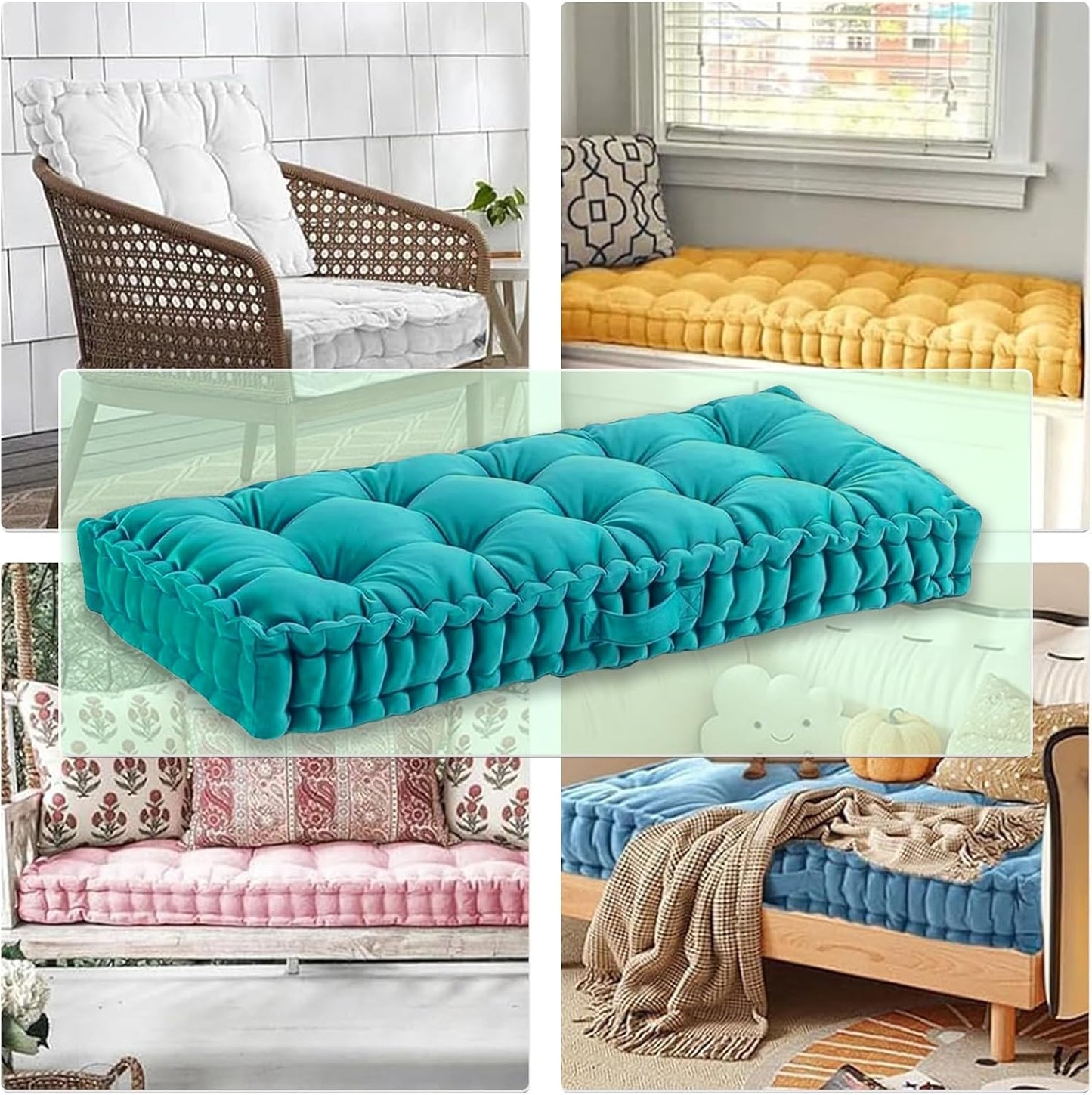 LUXUCURE Custom Window Seat & Bench Cushion Large Floor Cushions - Velvet Fabric Tufted Meditation Cushions, Indoor Sofa Seat Chair Booster Cushion Pad for in Living Room Balcony Office